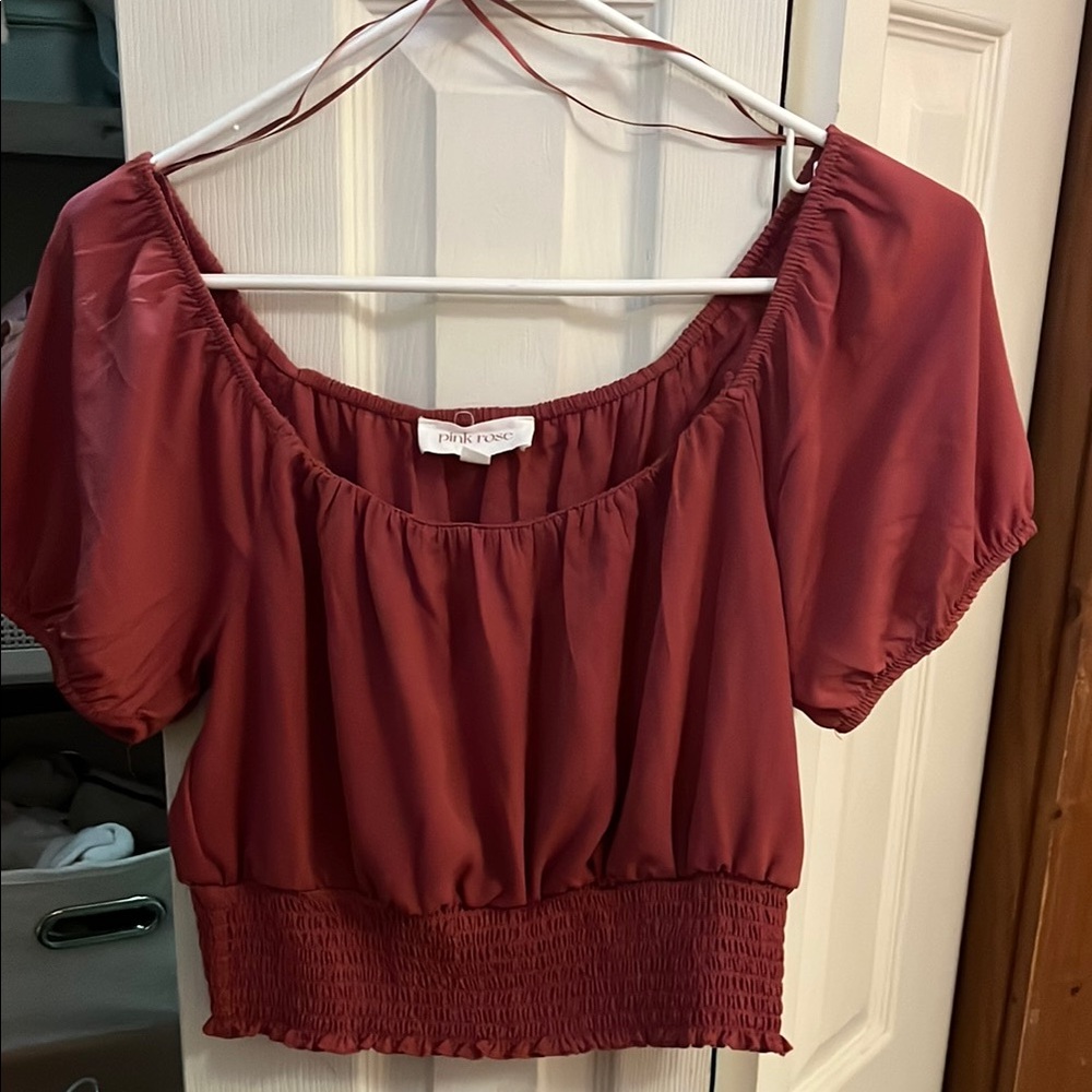 Pink Rose Red Puff Sleeve Smocked Crop Blouse